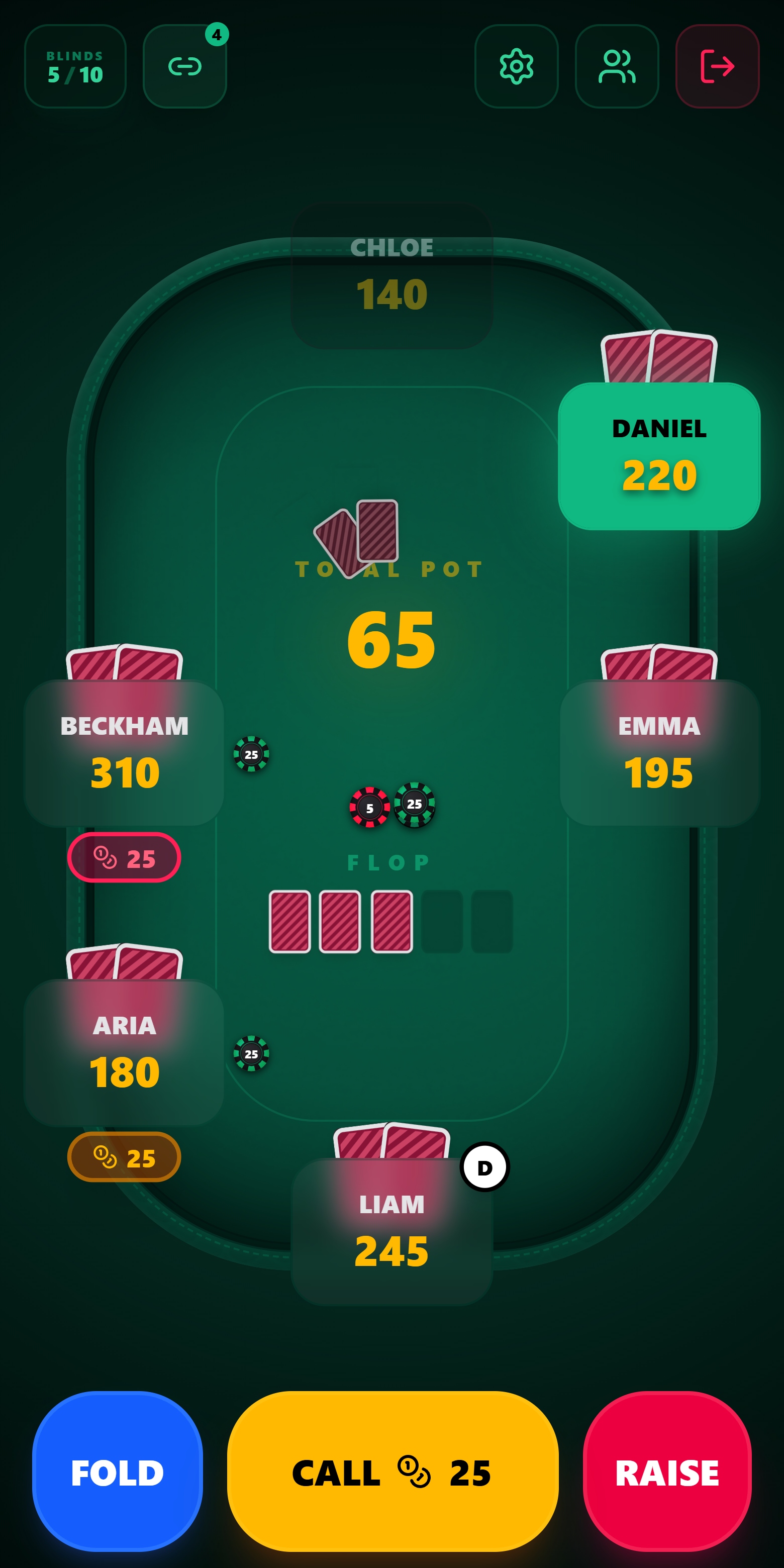 AirChips game table showing player stacks and the pot